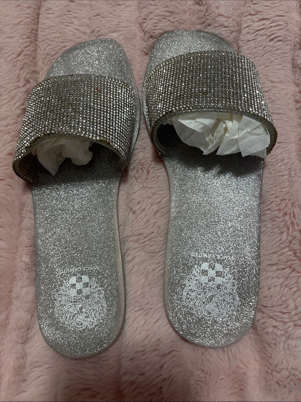 Vince Camuto Silver Glitter Slide Sandals with Rhinestone-Embellished Strap